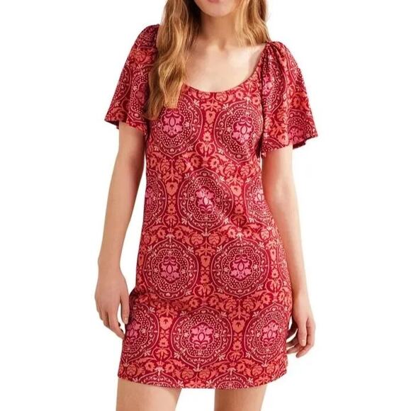 Boden Scoop Neck Jersey Mini Dress Poinsettia Exotic Tile Red Size 16/18 R - Picture 1 of 8